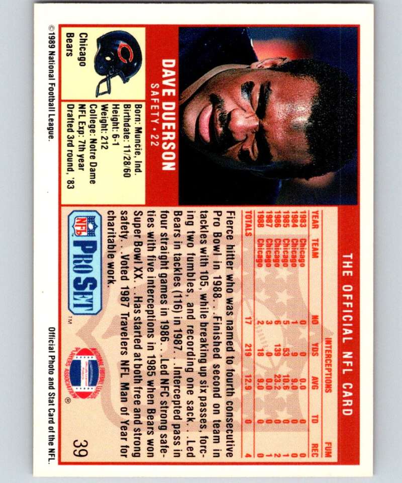 1989 Pro Set #39 Dave Duerson Bears NFL Football Image 2