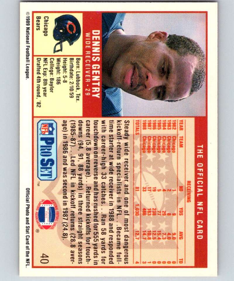 1989 Pro Set #40 Dennis Gentry Bears NFL Football Image 2