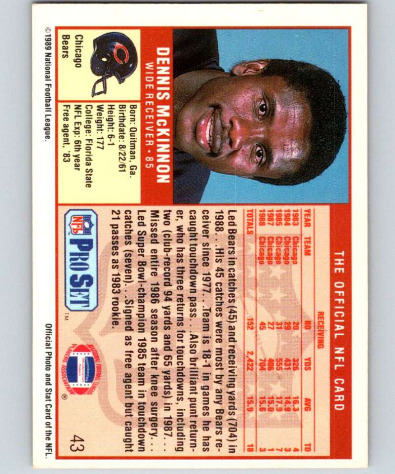 1989 Pro Set #43 Dennis McKinnon Bears UER NFL Football Image 2