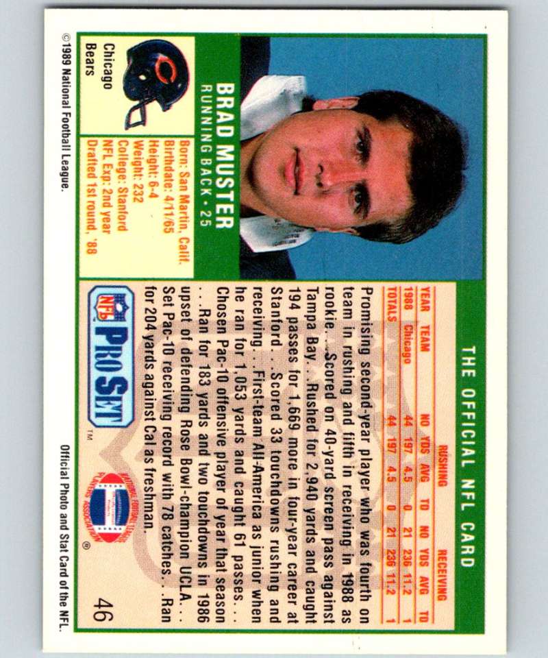 1989 Pro Set #46 Brad Muster RC Rookie Bears NFL Football Image 2
