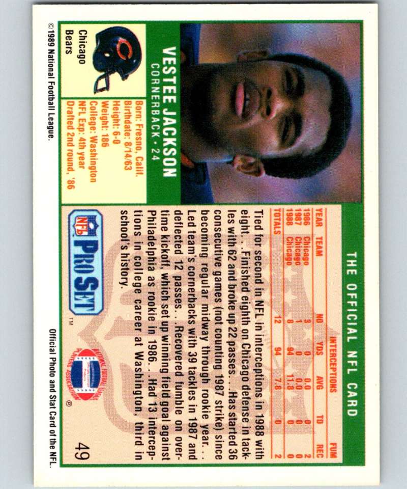 1989 Pro Set #49 Vestee Jackson RC Rookie Bears NFL Football Image 2