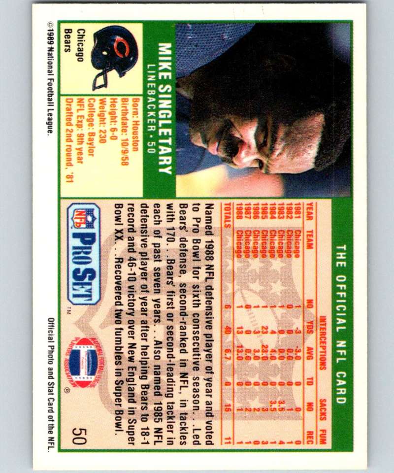1989 Pro Set #50 Mike Singletary Bears NFL Football Image 2
