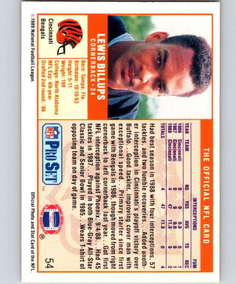 1989 Pro Set #54 Lewis Billups Bengals NFL Football Image 2