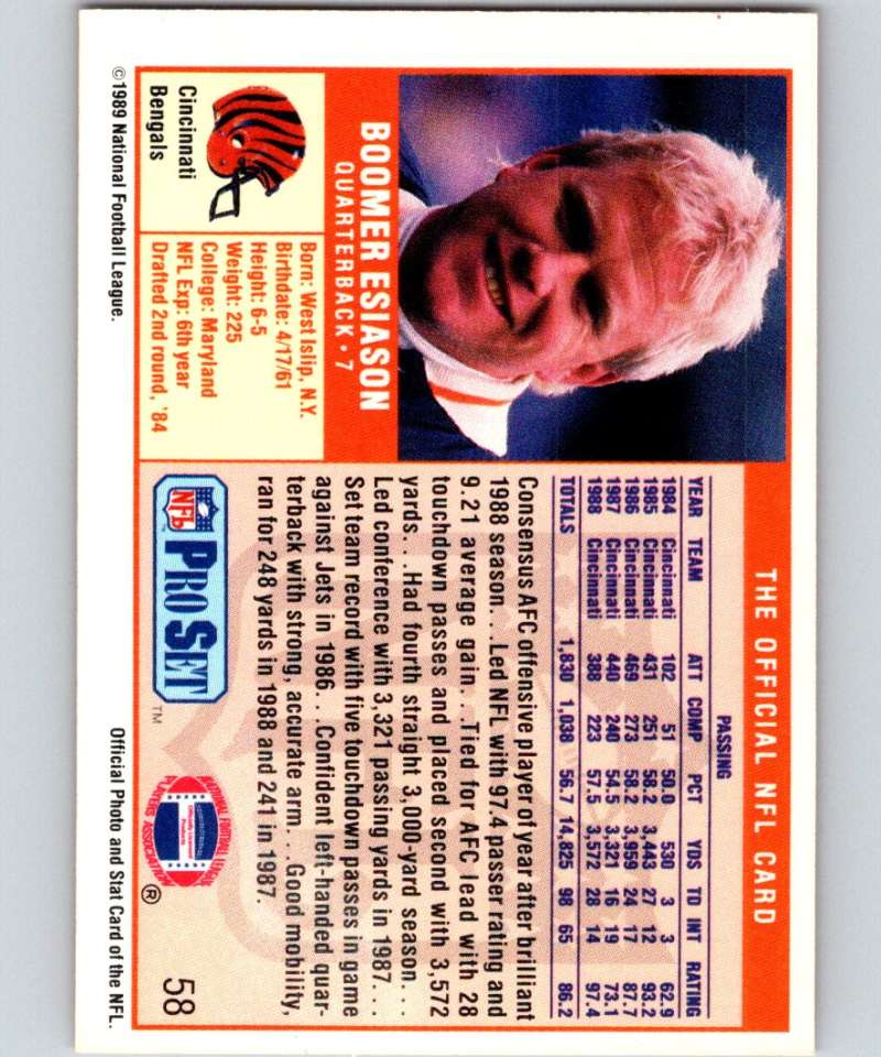 1989 Pro Set #58 Boomer Esiason Bengals NFL Football Image 2