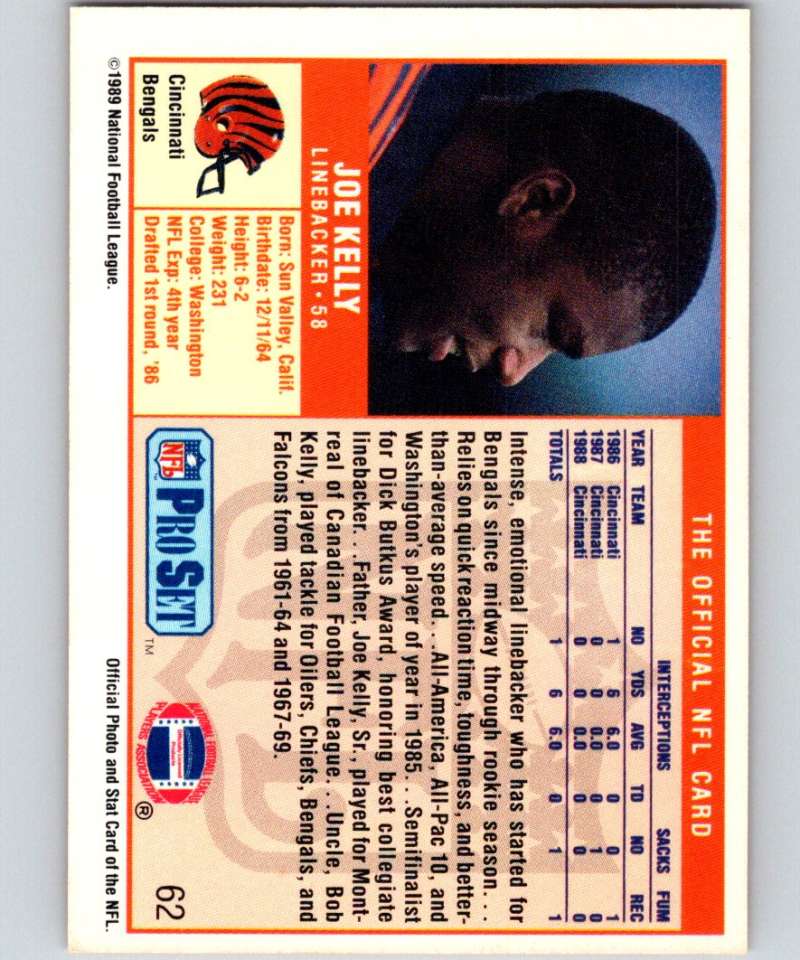1989 Pro Set #62 Joe Kelly RC Rookie Bengals NFL Football Image 2