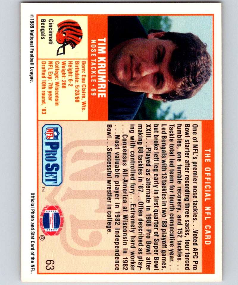 1989 Pro Set #63 Tim Krumrie Bengals NFL Football Image 2