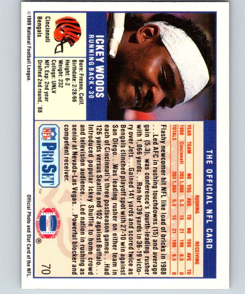 1989 Pro Set #70 Ickey Woods RC Rookie Bengals NFL Football Image 2