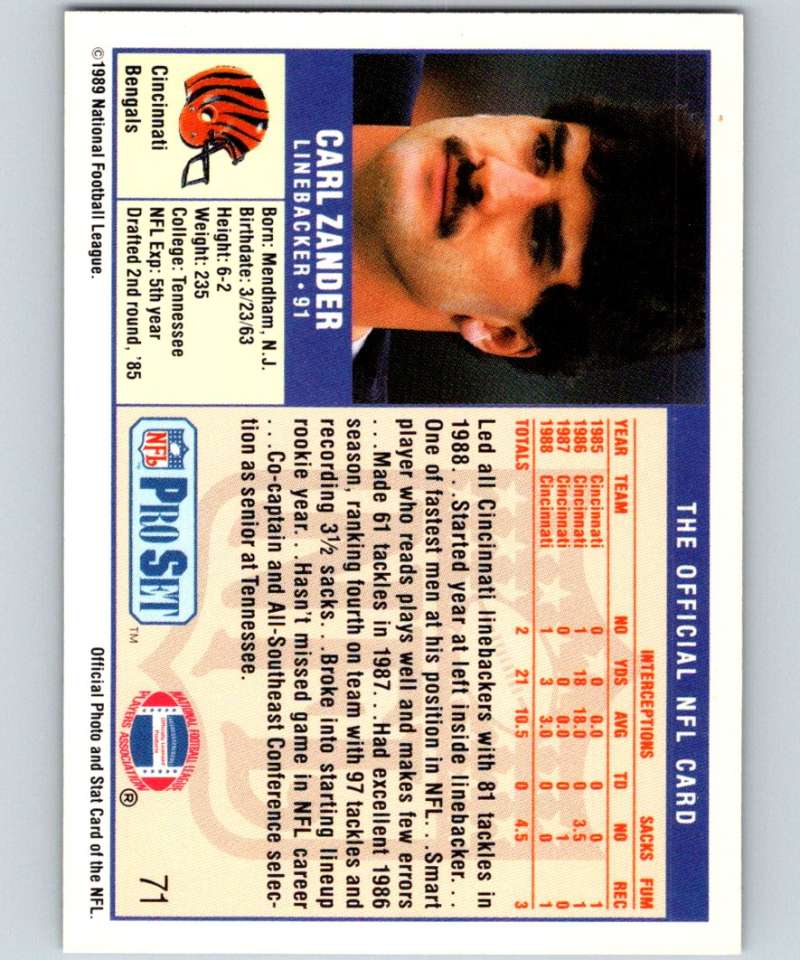 1989 Pro Set #71 Carl Zander Bengals NFL Football Image 2