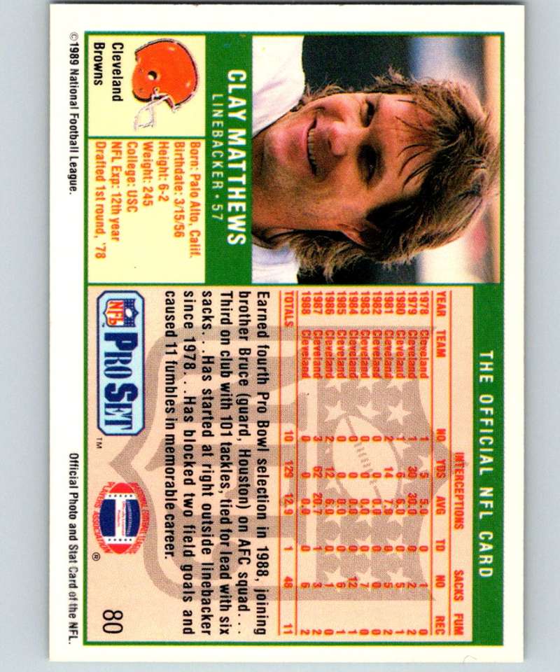 1989 Pro Set #80 Clay Matthews Browns NFL Football Image 2