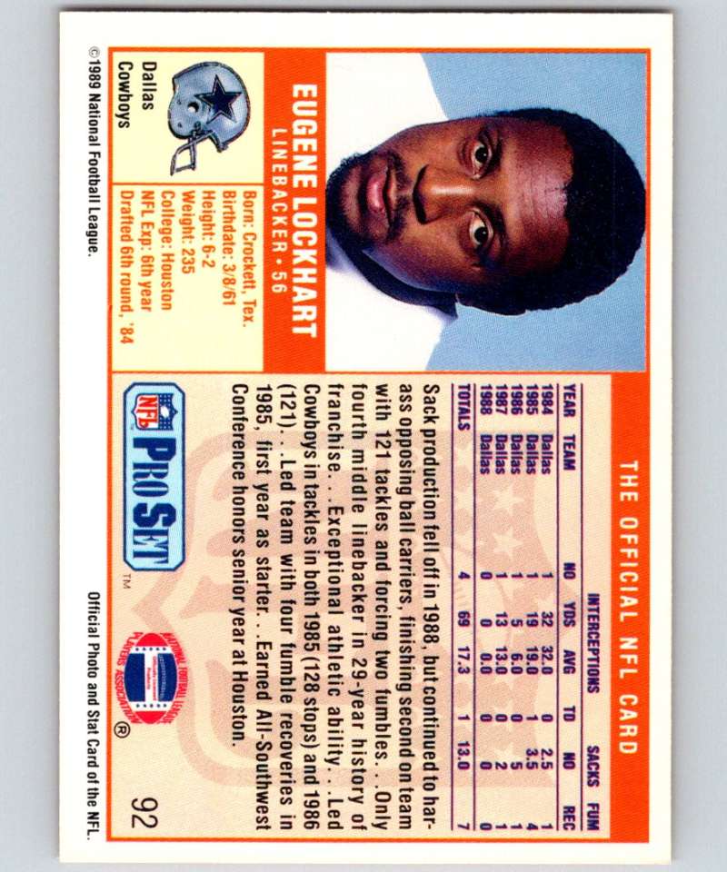 1989 Pro Set #92 Eugene Lockhart RC Rookie Cowboys NFL Football Image 2