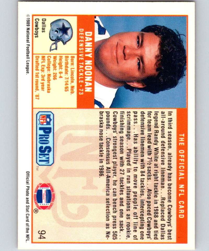 1989 Pro Set #94 Danny Noonan RC Rookie Cowboys NFL Football Image 2