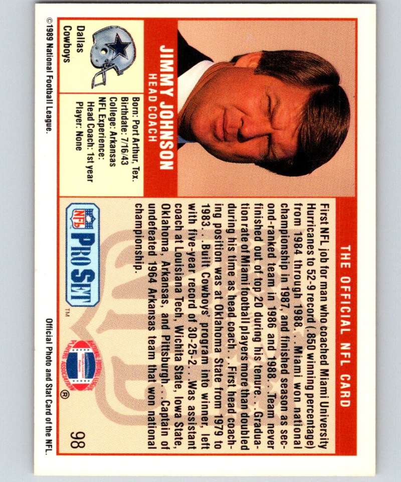 1989 Pro Set #98 Jimmy Johnson RC Rookie Cowboys CO NFL Football