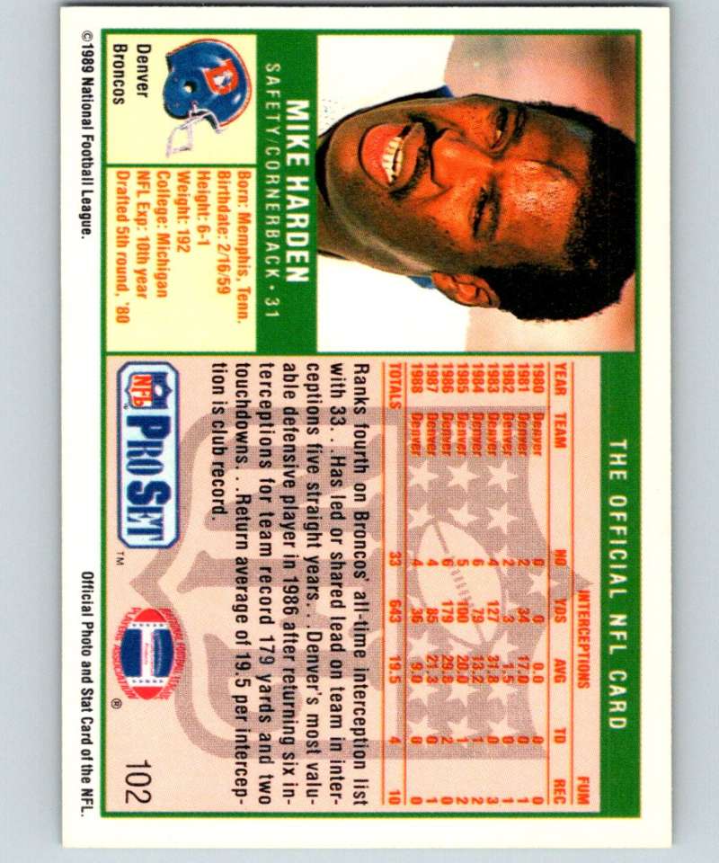 1989 Pro Set #102 Mike Harden Broncos NFL Football Image 2