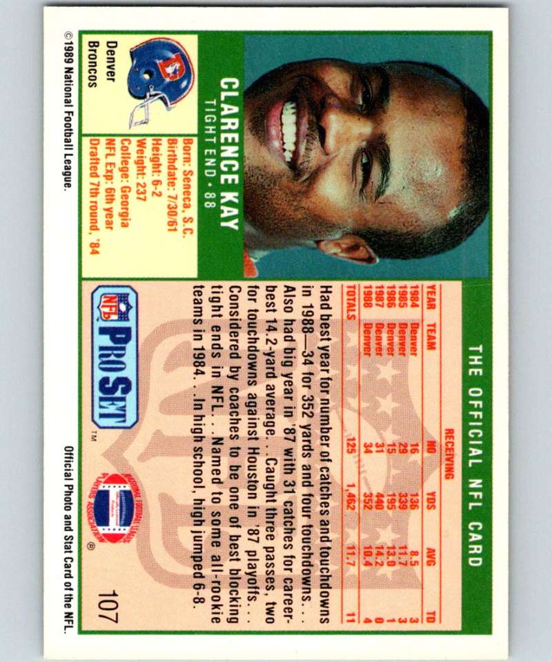 1989 Pro Set #107 Clarence Kay Broncos NFL Football Image 2