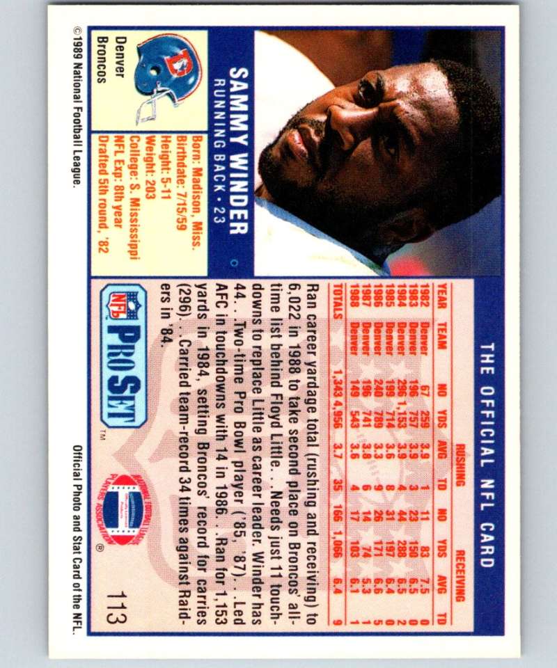 1989 Pro Set #113 Sammy Winder Broncos NFL Football Image 2