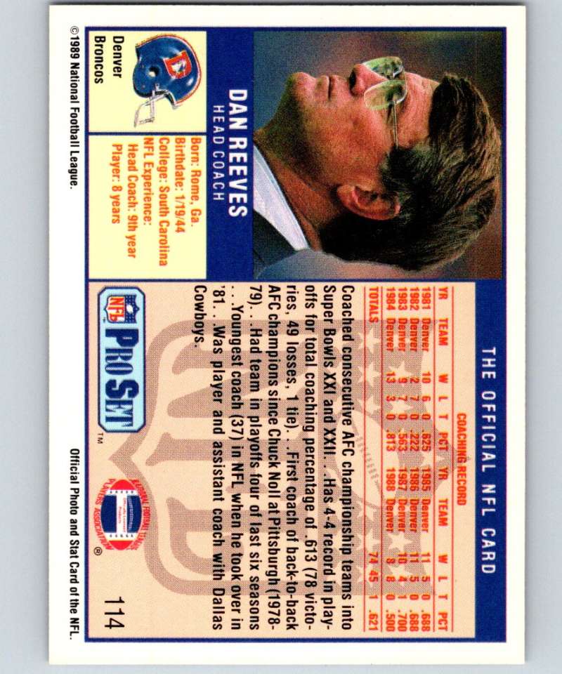 1989 Pro Set #114 Dan Reeves Broncos CO NFL Football Image 2