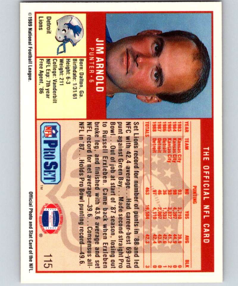 1989 Pro Set #115 Jim Arnold Lions NFL Football Image 2