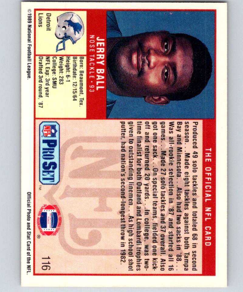 1989 Pro Set #116 Jerry Ball RC Rookie Lions NFL Football Image 2