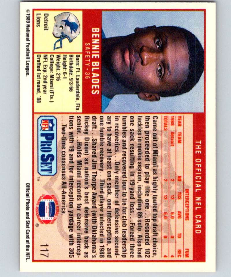 1989 Pro Set #117 Bennie Blades RC Rookie Lions NFL Football Image 2