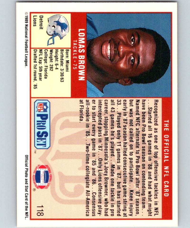 1989 Pro Set #118 Lomas Brown Lions NFL Football Image 2