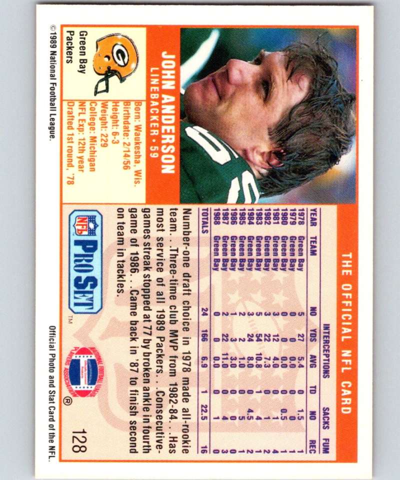 1989 Pro Set #128 John Anderson Packers NFL Football Image 2