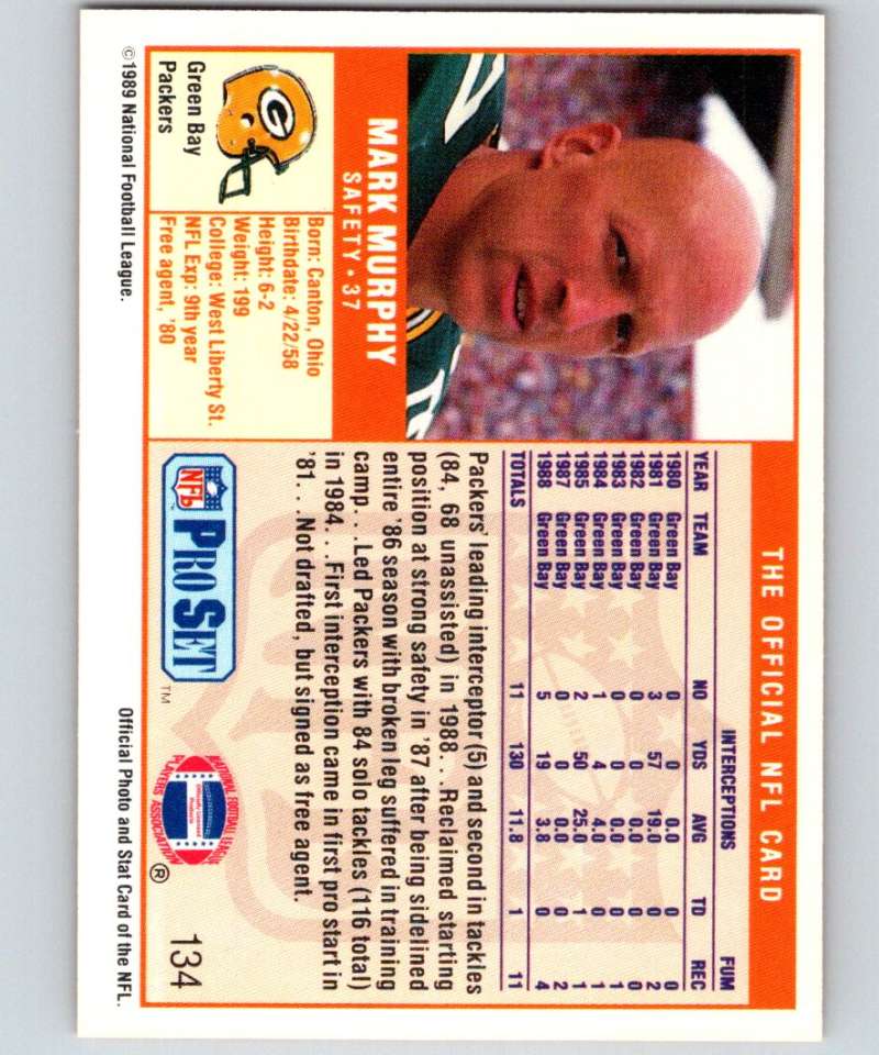 1989 Pro Set #134 Mark Murphy Packers NFL Football Image 2