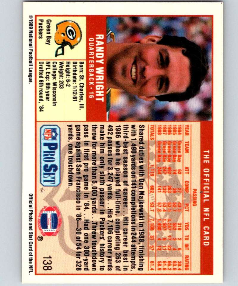 1989 Pro Set #138 Randy Wright Packers NFL Football Image 2