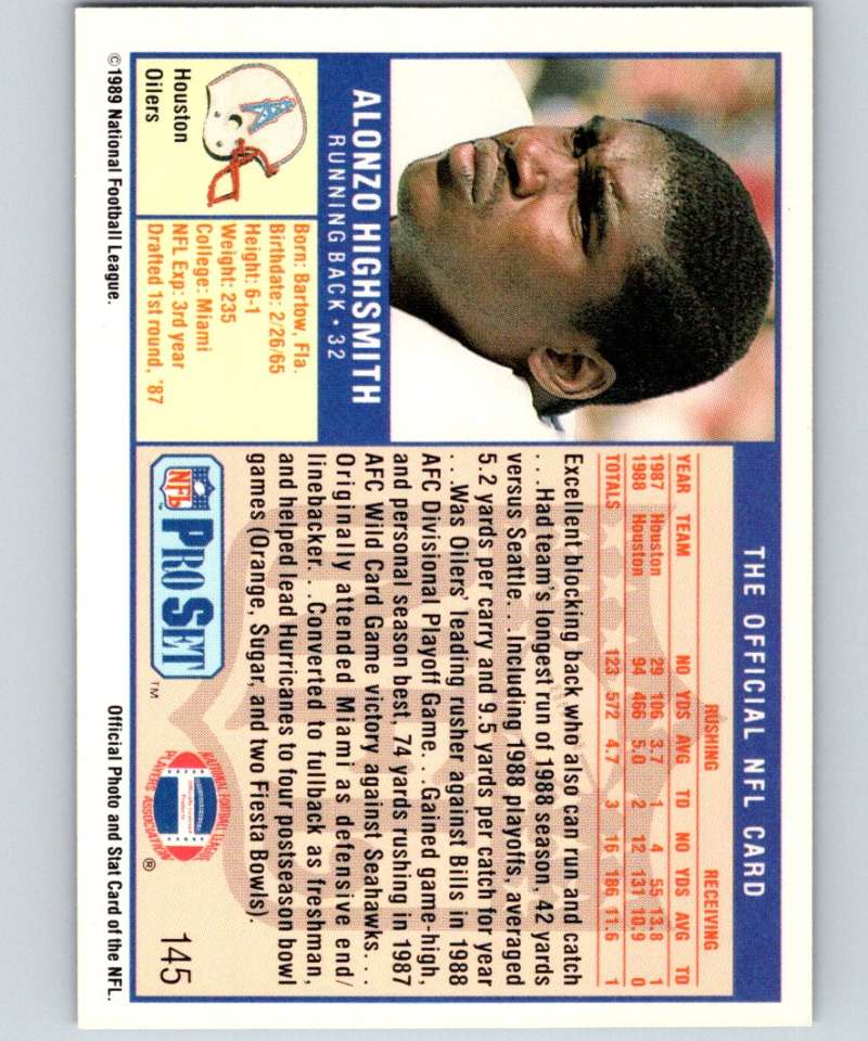 1989 Pro Set #145 Alonzo Highsmith Oilers NFL Football Image 2
