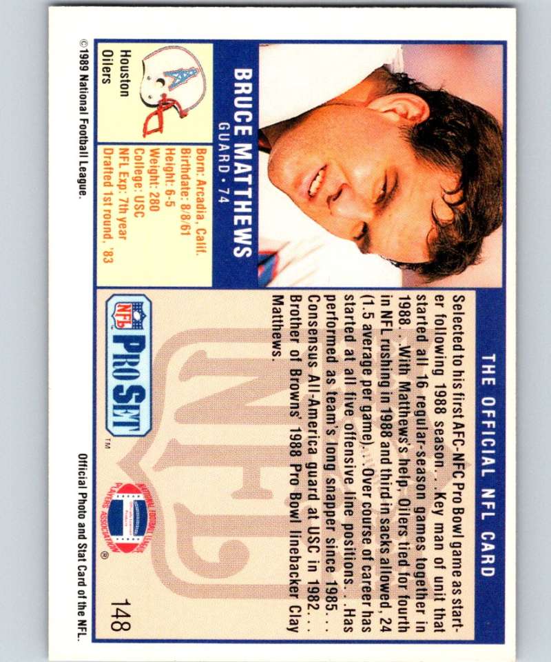 1989 Pro Set #148 Bruce Matthews RC Rookie Oilers NFL Football Image 2