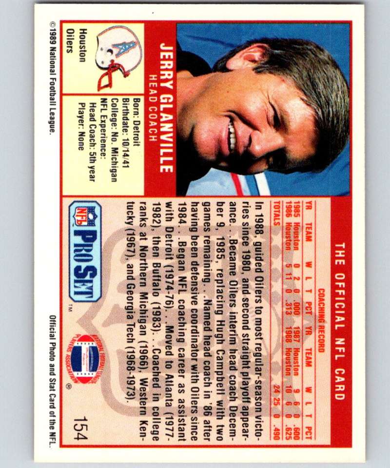 1989 Pro Set #154 Jerry Glanville Oilers CO NFL Football Image 2