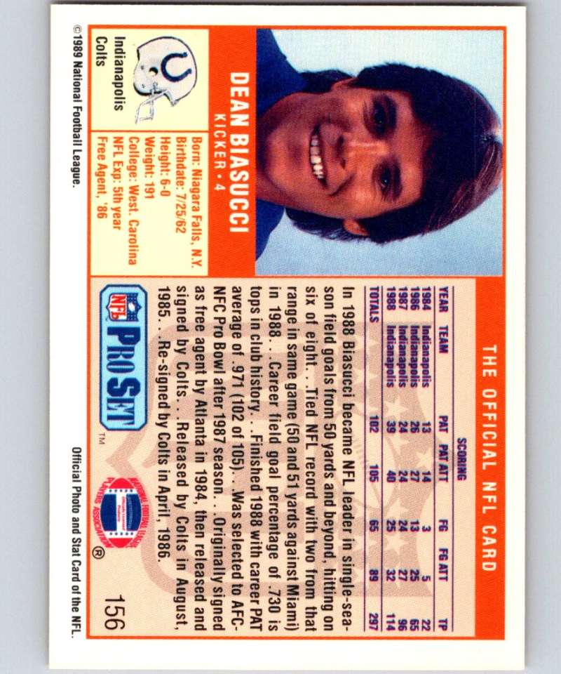 1989 Pro Set #156 Dean Biasucci Colts NFL Football Image 2