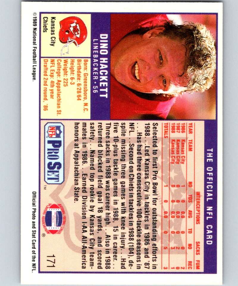 1989 Pro Set #171 Dino Hackett Chiefs NFL Football Image 2