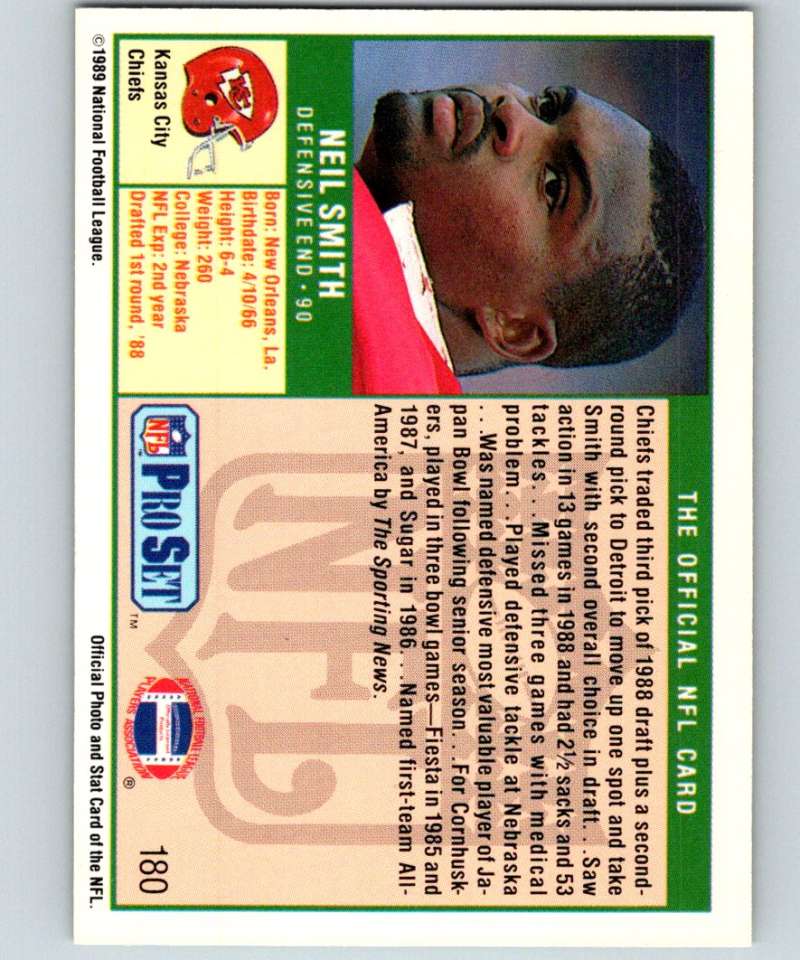 1989 Pro Set #180 Neil Smith RC Rookie Chiefs NFL Football Image 2