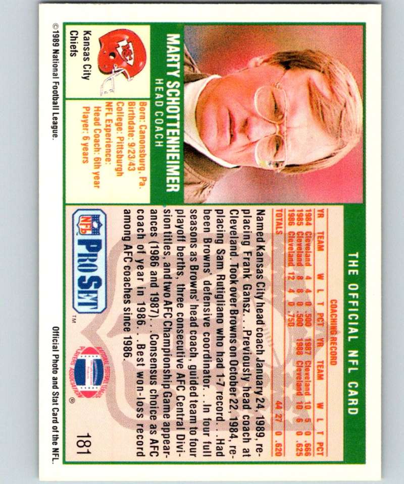 1989 Pro Set #181 Marty Schottenheimer Chiefs CO NFL Football