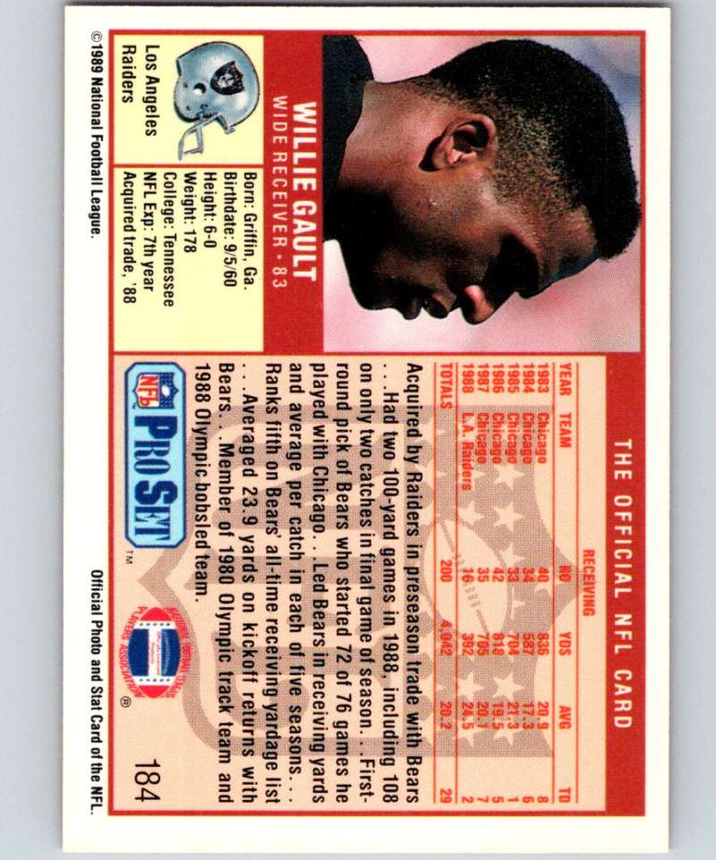 1989 Pro Set #184 Willie Gault LA Raiders NFL Football Image 2