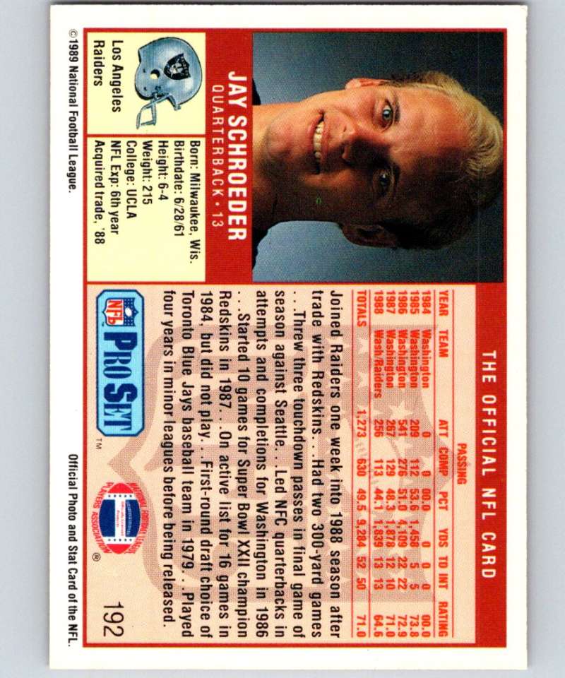 1989 Pro Set #192 Jay Schroeder LA Raiders NFL Football Image 2