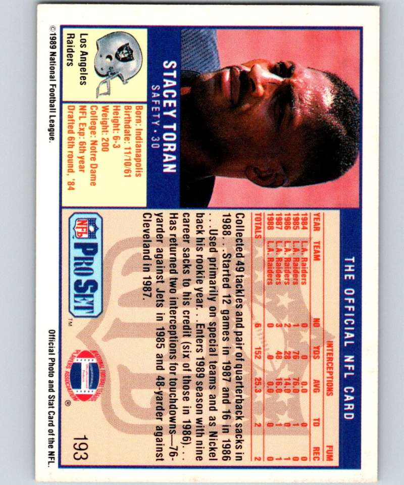1989 Pro Set #193 Stacey Toran LA Raiders NFL Football Image 2