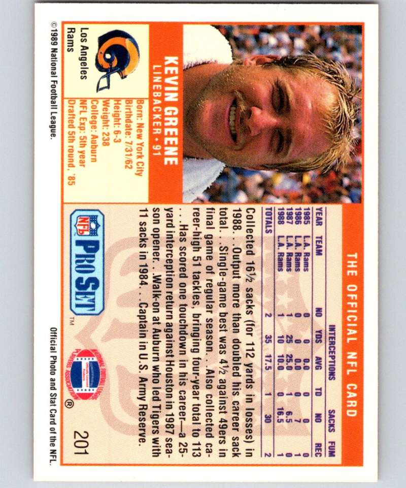 1989 Pro Set #201 Kevin Greene LA Rams NFL Football Image 2