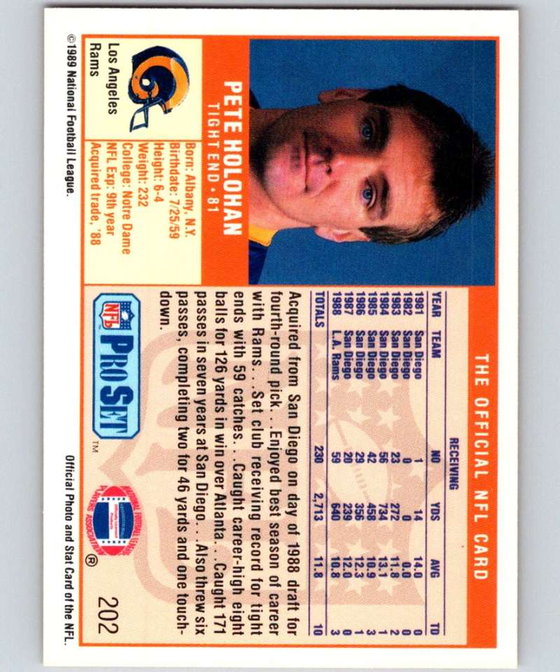 1989 Pro Set #202 Pete Holohan LA Rams NFL Football Image 2