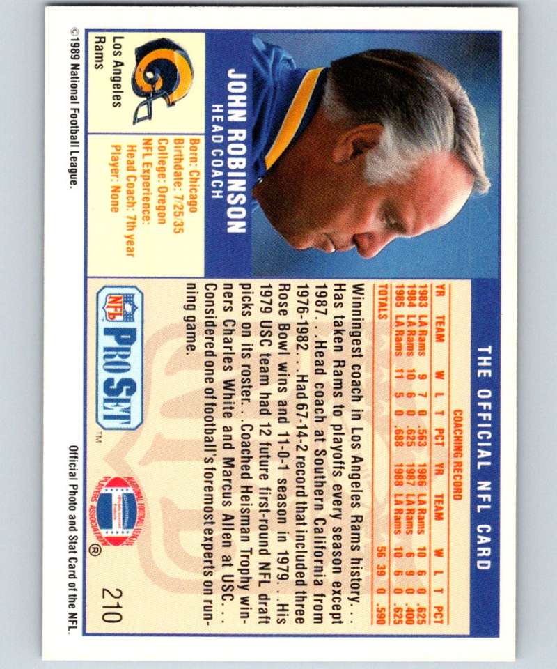 1989 Pro Set #210 John Robinson LA Rams CO NFL Football Image 2