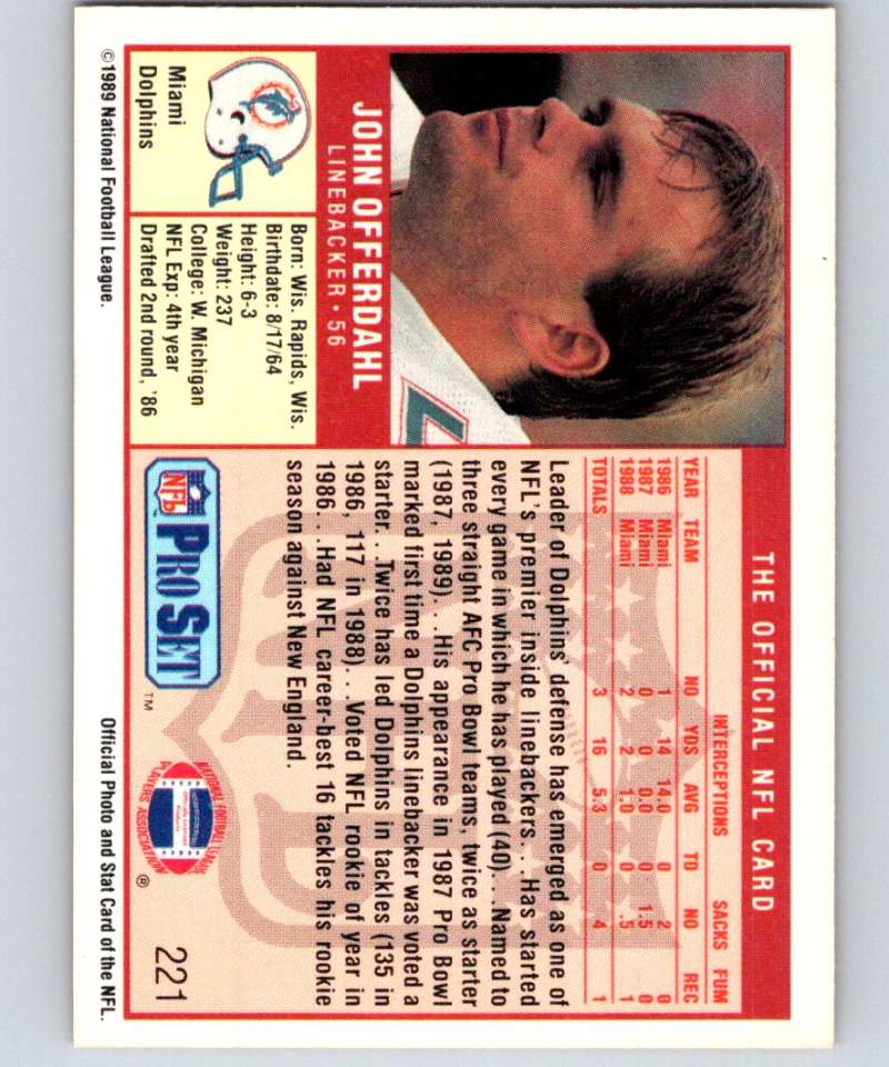 1989 Pro Set #221 John Offerdahl Dolphins NFL Football Image 2