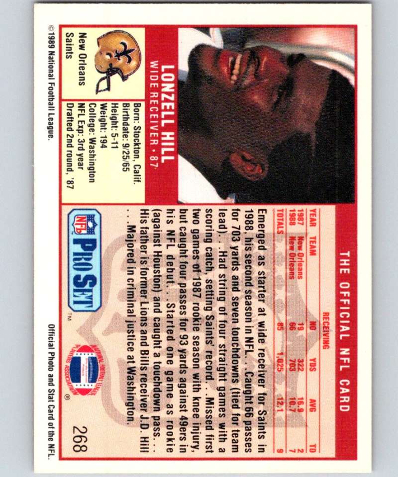 1989 Pro Set #268 Lonzell Hill Saints NFL Football Image 2