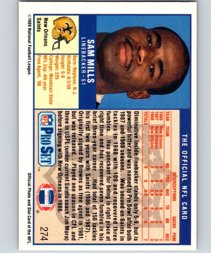 1989 Pro Set #274 Sam Mills Saints NFL Football Image 2