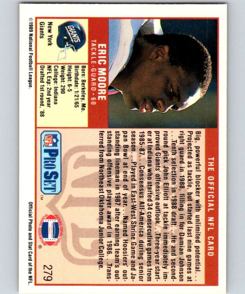 1989 Pro Set #279 Eric Moore RC Rookie NY Giants NFL Football Image 2