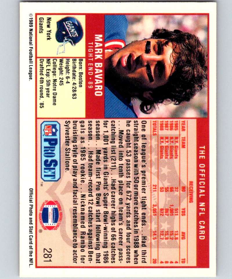 1989 Pro Set #281 Mark Bavaro NY Giants NFL Football Image 2