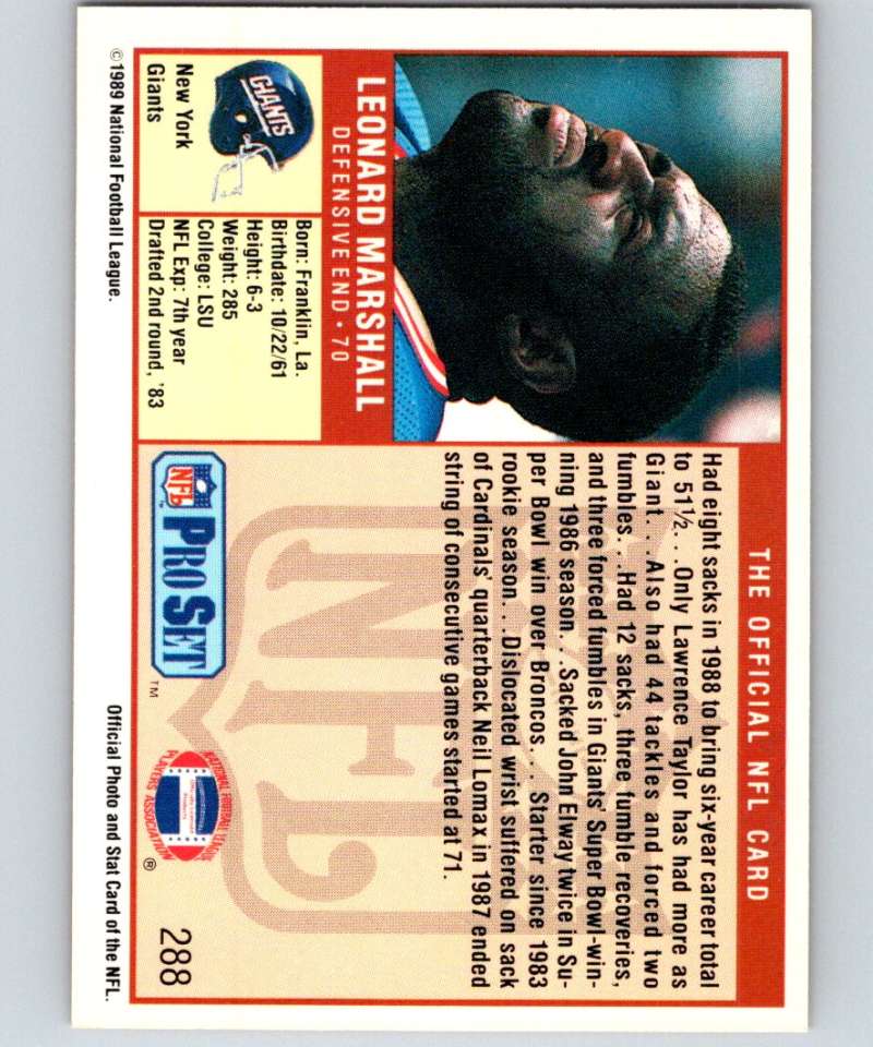 1989 Pro Set #288 Leonard Marshall NY Giants NFL Football Image 2