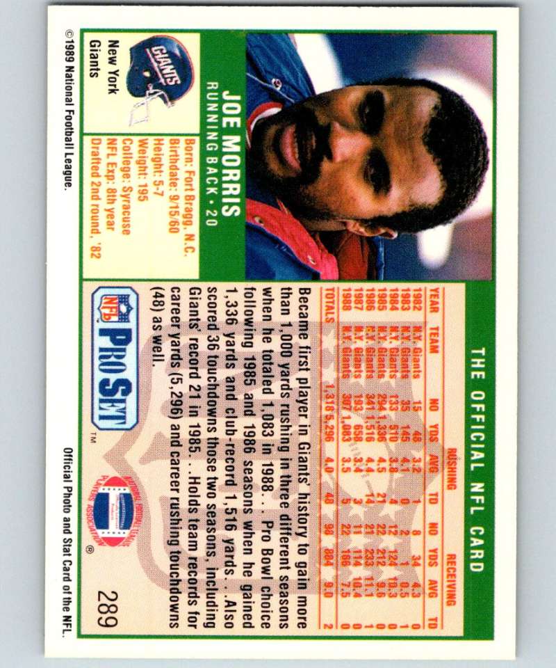 1989 Pro Set #289 Joe Morris NY Giants NFL Football Image 2