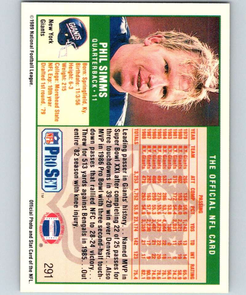 1989 Pro Set #291 Phil Simms NY Giants NFL Football Image 2