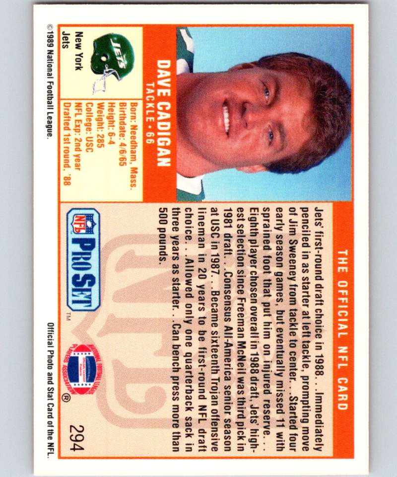 1989 Pro Set #294 Dave Cadigan NY Jets NFL Football Image 2