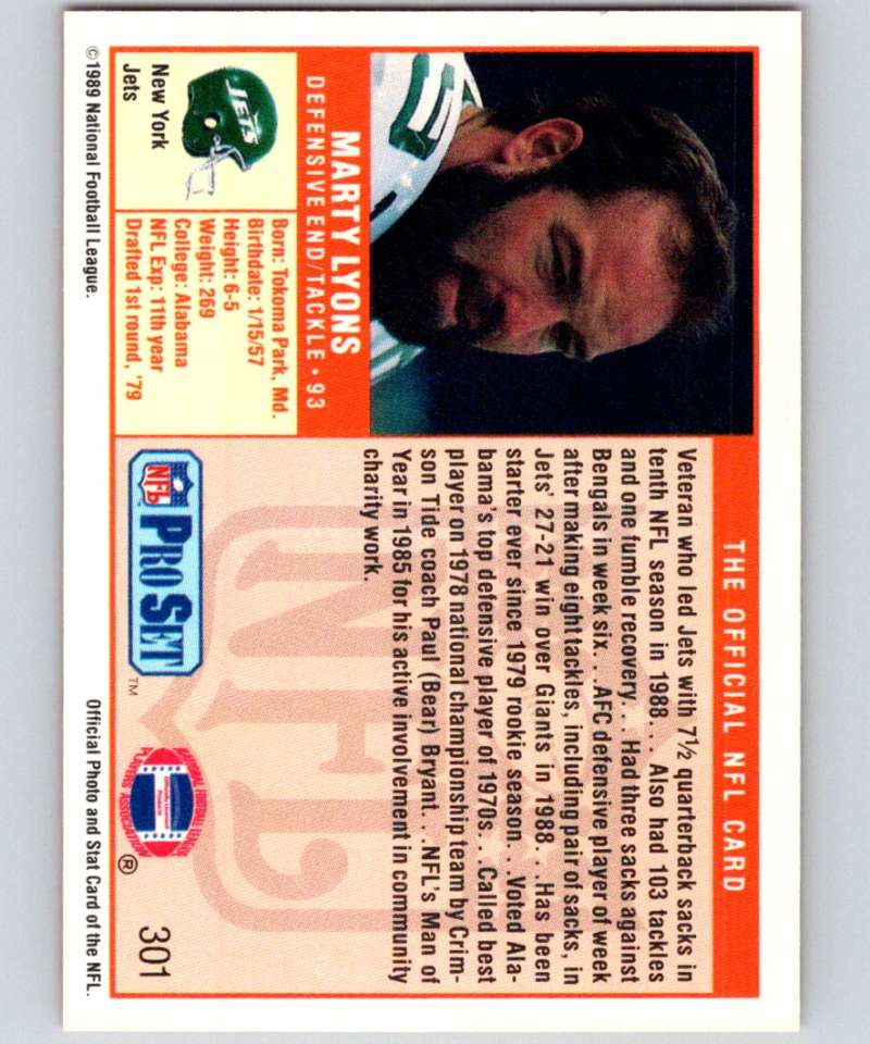 1989 Pro Set #301 Marty Lyons NY Jets NFL Football Image 2